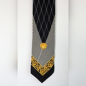 Gianni Versace Vintage 90's Silk Tie Medusa Baroque Black Gold White w/ Stripes